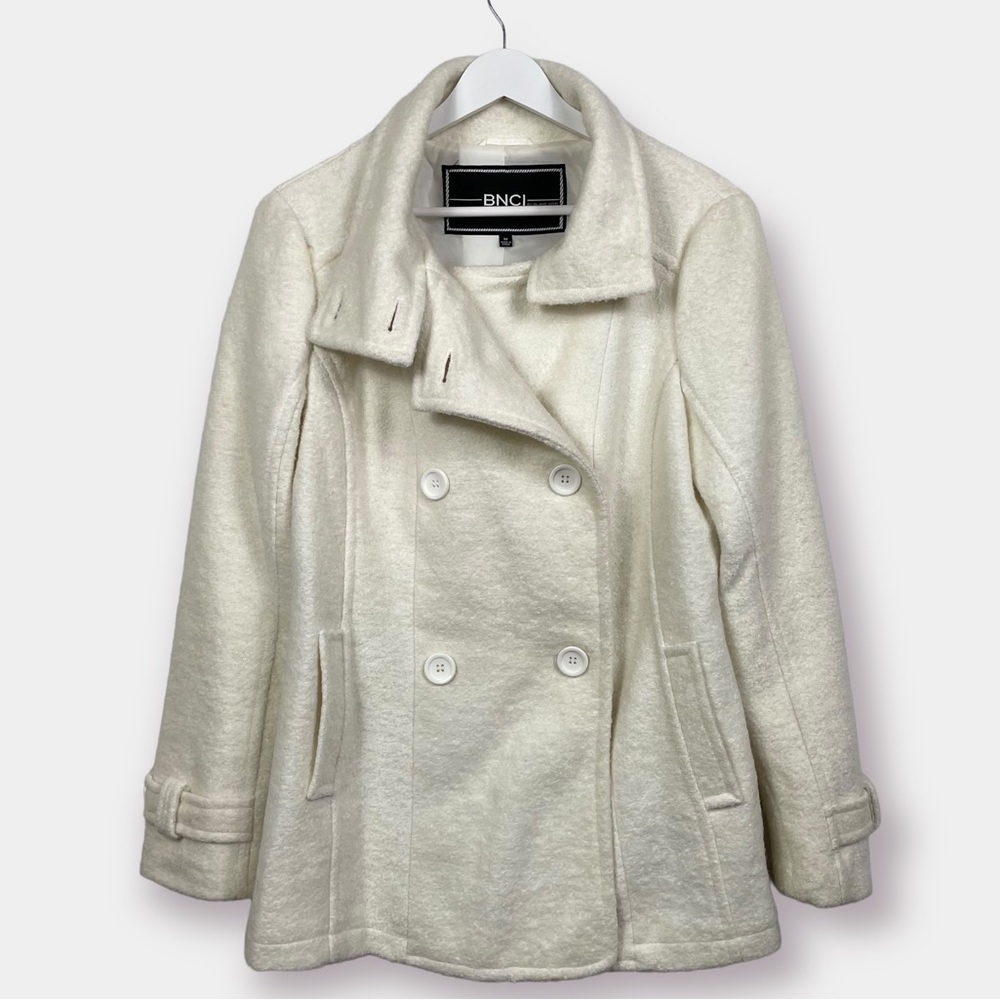 NEW BNCI Winter White Pea Coat Wool Blend Blanc Noir Size Medium